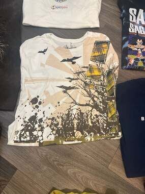 Resurge Vintage Y2K All Over Print Graphic T-Shirt Birds and Plaid Patches XL